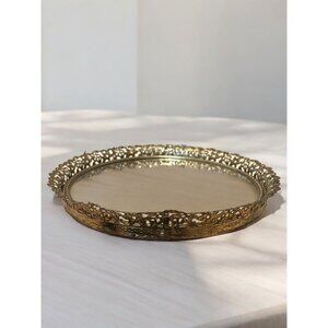 Vintage Ornate Brass & Glass Oval Vanity Tray or Wall Mirror